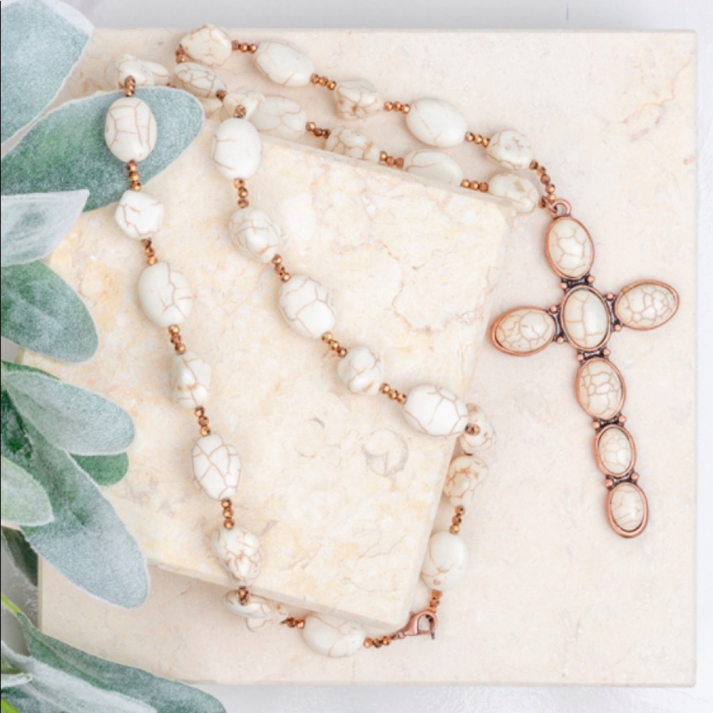 Long Chunky Stone Cross Necklace, White